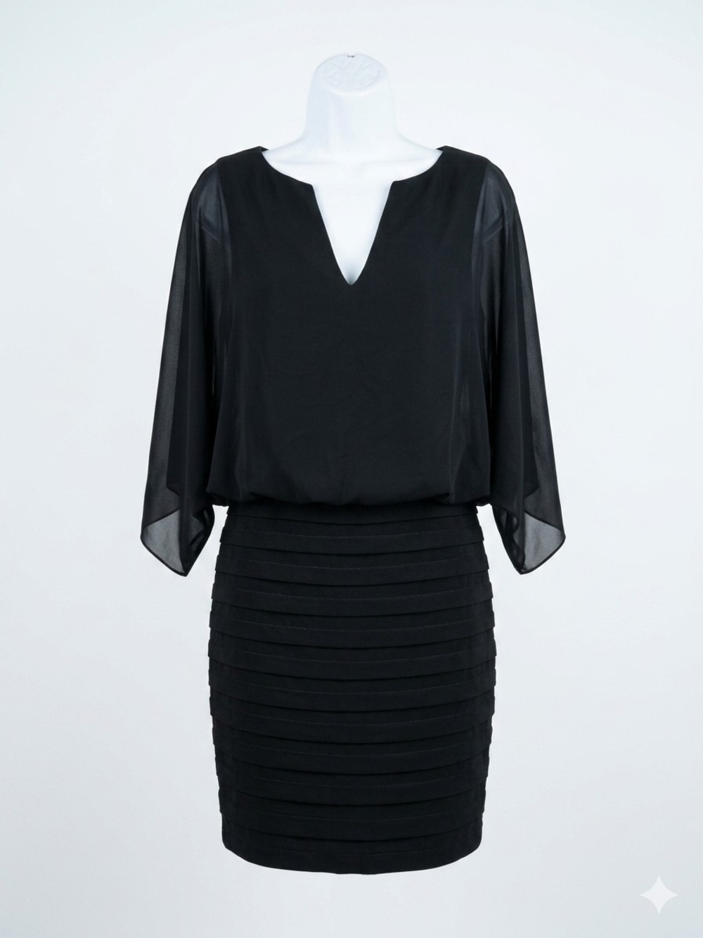 511. Caché Black Chiffon Blouson Tiered Dress Open Keyhole Back Size 2